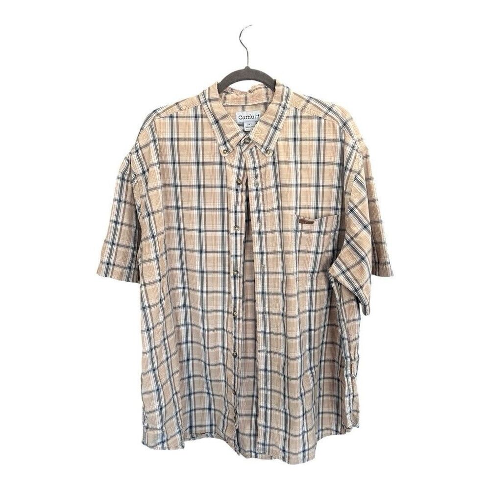 Carhartt | Mens Shirt Tan Plaid Short Sleeves Button Down‎ Pocket 2XL
